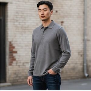 Country Road long-sleeve polo shirt in grey traceable Australian merino wool